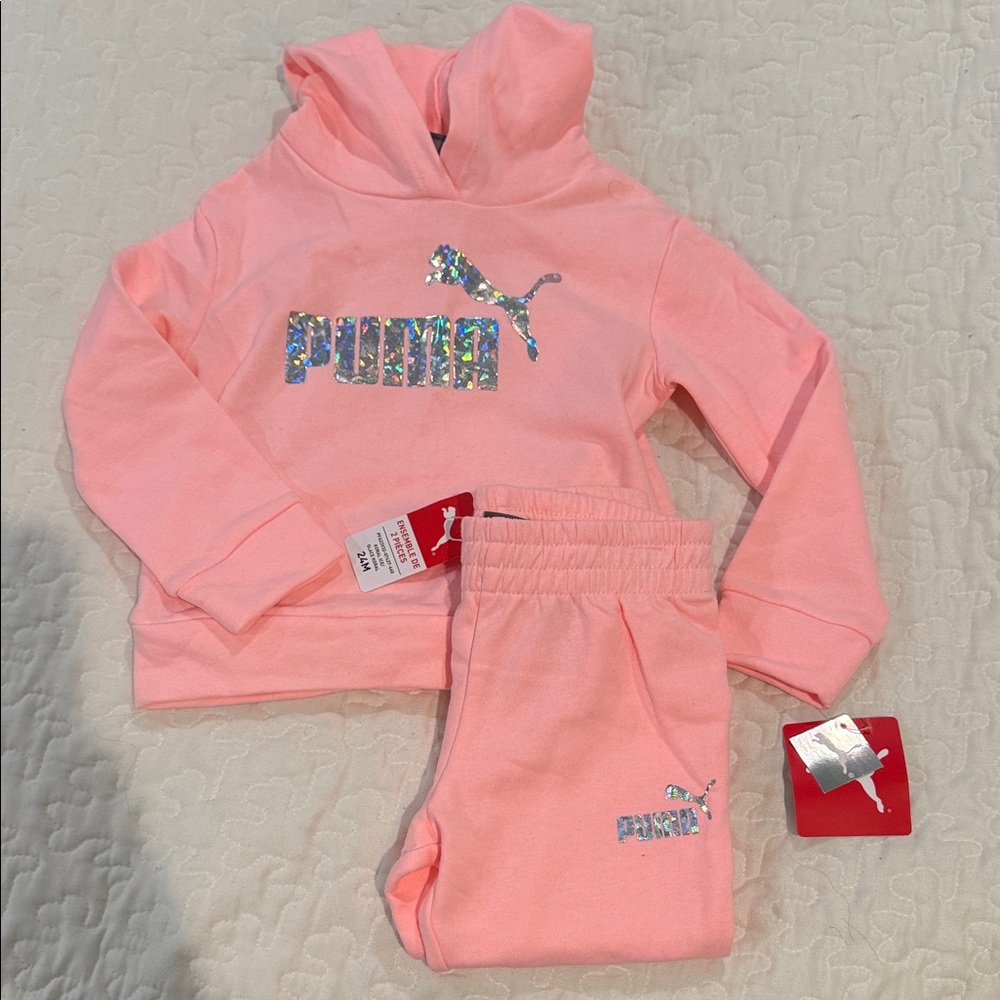 Puma Light Pink Glitter Logo Hoodie and Jogger Set